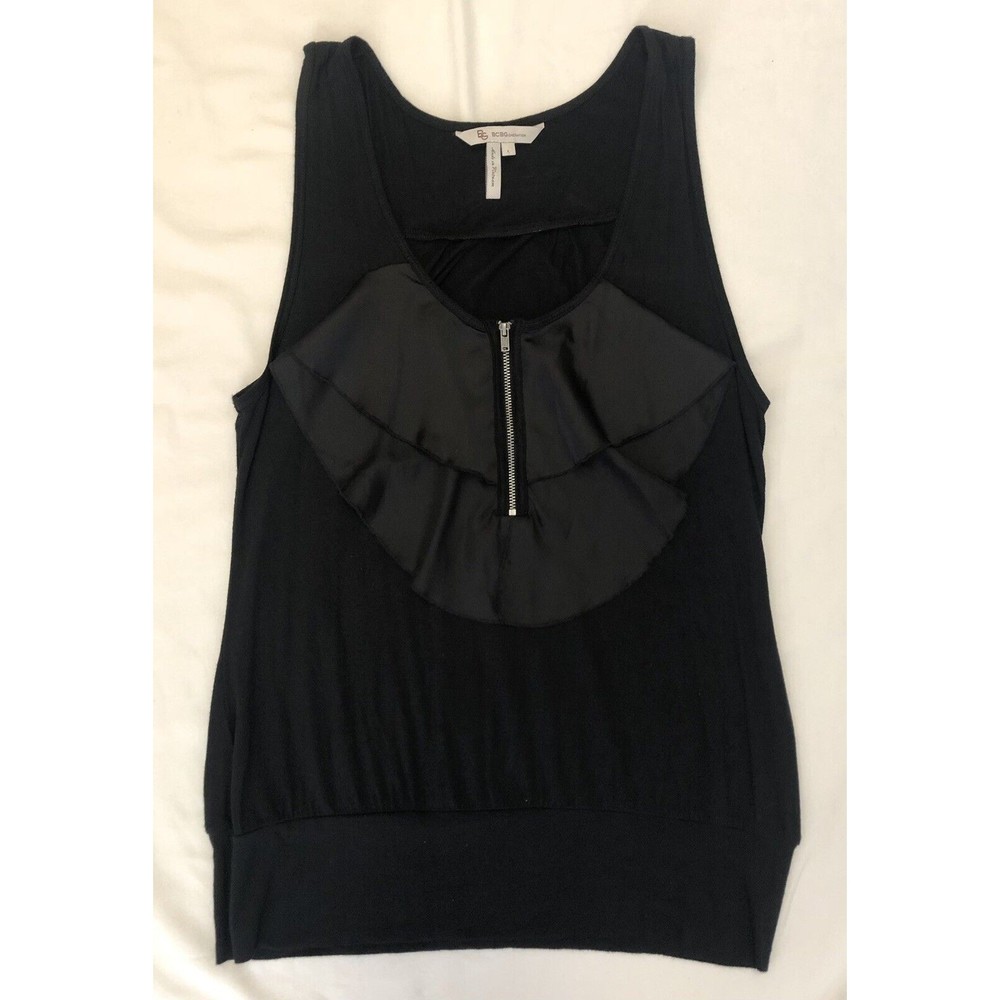 BCBGeneration Women Black Sleeveless Blouse Large Zip Ruffle